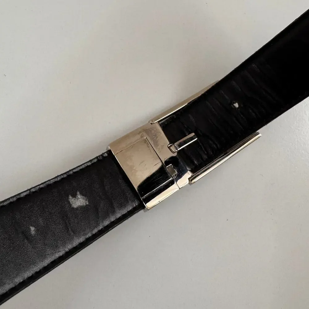 GUCCI Men's Calf Belt Black Leather Nickel Silver Tone Single Tongue Buckle USED